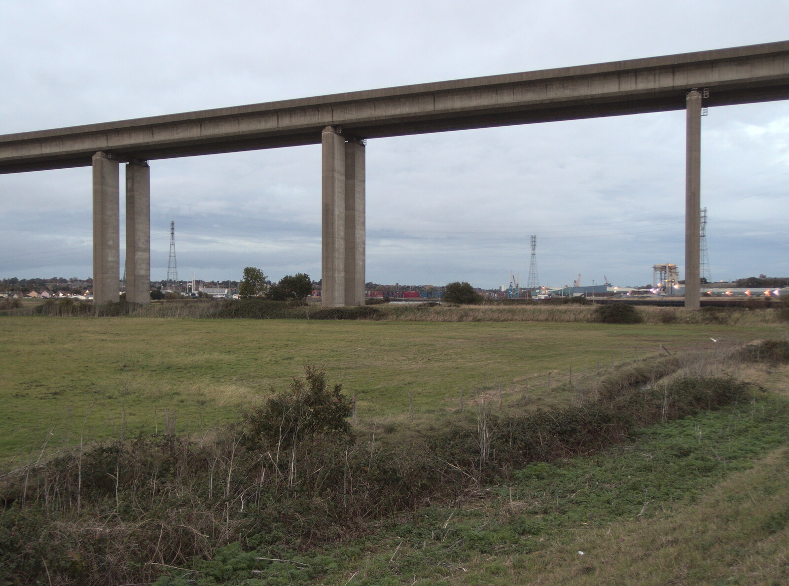 A New Playground and Container Mountain, Eye, Suffolk - 7th November 2021: The Orwell Bridge with Ipswich docks behind