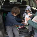 The boys have a small pizza lunch in the boot, A New Playground and Container Mountain, Eye, Suffolk - 7th November 2021