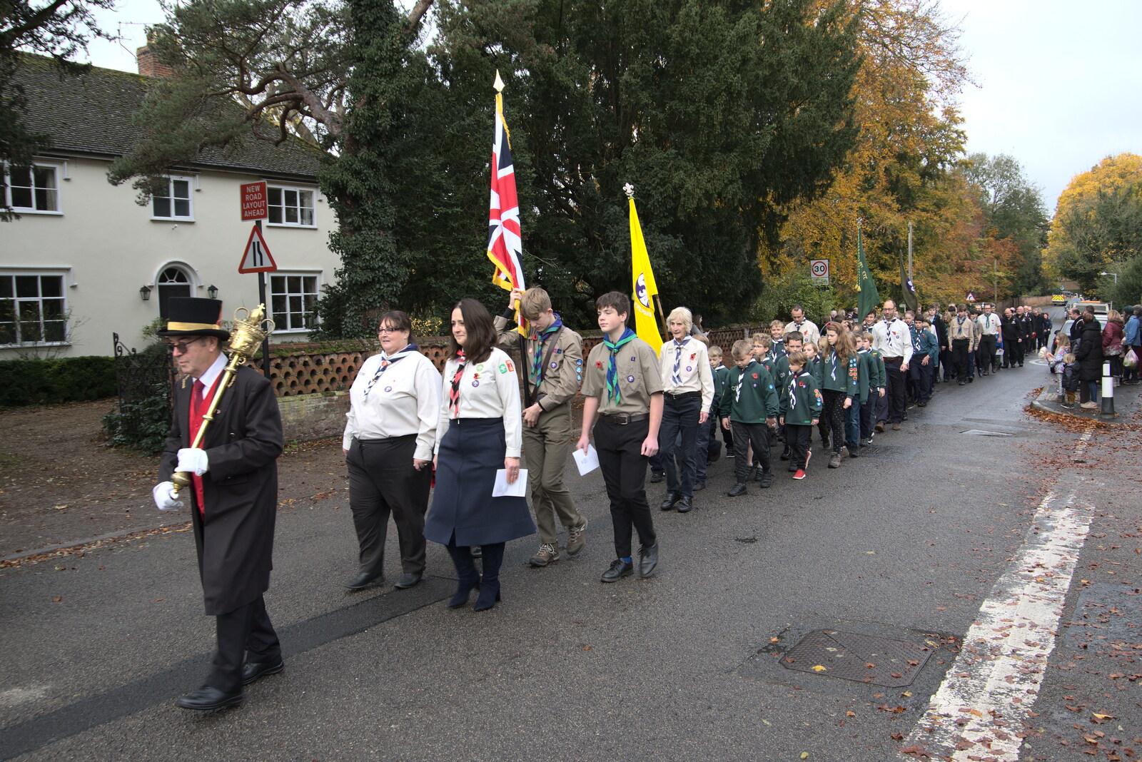 The parade marches off down Lambseth Street from The GSB and Remembrance Day Parades, Eye and Botesdale, Suffolk - 14th November 2021