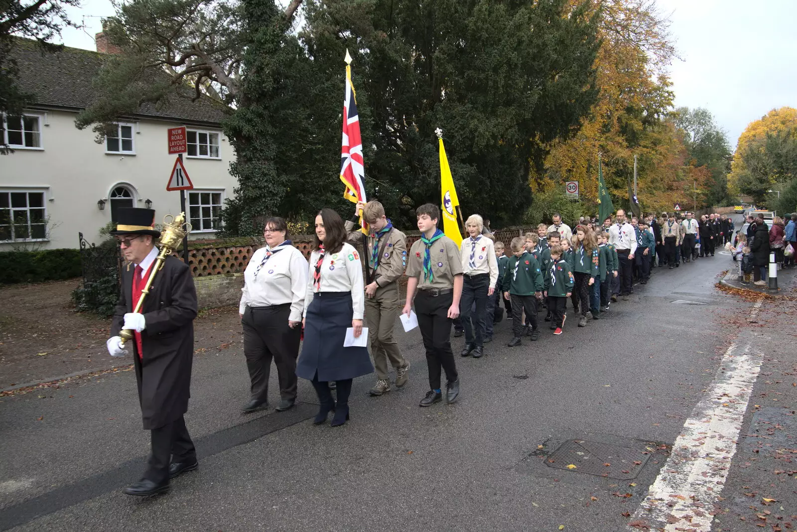 The parade marches off down Lambseth Street, from The GSB and Remembrance Day Parades, Eye and Botesdale, Suffolk - 14th November 2021