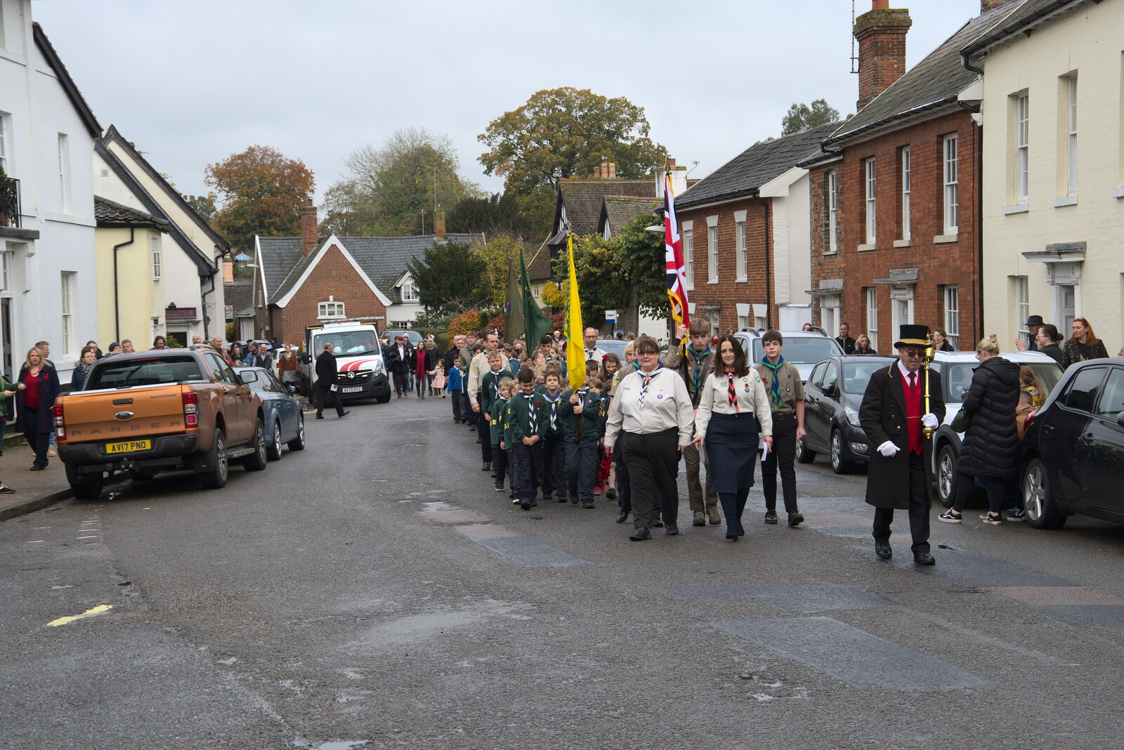 The parade reaches Broad Street from The GSB and Remembrance Day Parades, Eye and Botesdale, Suffolk - 14th November 2021