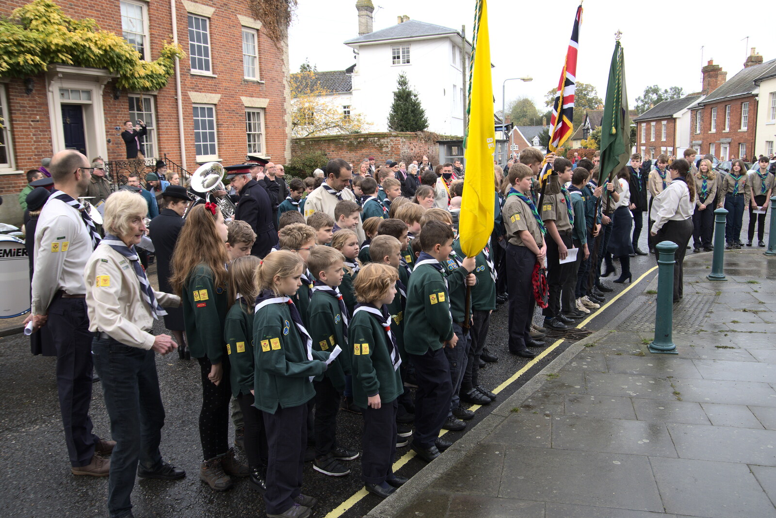 Scouts and Cubs gather by the war memorial from The GSB and Remembrance Day Parades, Eye and Botesdale, Suffolk - 14th November 2021