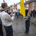 Andy gets a photo of the Cubs' flag bearer, The GSB and Remembrance Day Parades, Eye and Botesdale, Suffolk - 14th November 2021