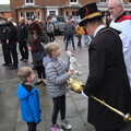 A girl shows off her toy rabbit to the mace bearer, The GSB and Remembrance Day Parades, Eye and Botesdale, Suffolk - 14th November 2021