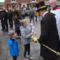 A girl shows off her toy rabbit to the mace bearer, The GSB and Remembrance Day Parades, Eye and Botesdale, Suffolk - 14th November 2021