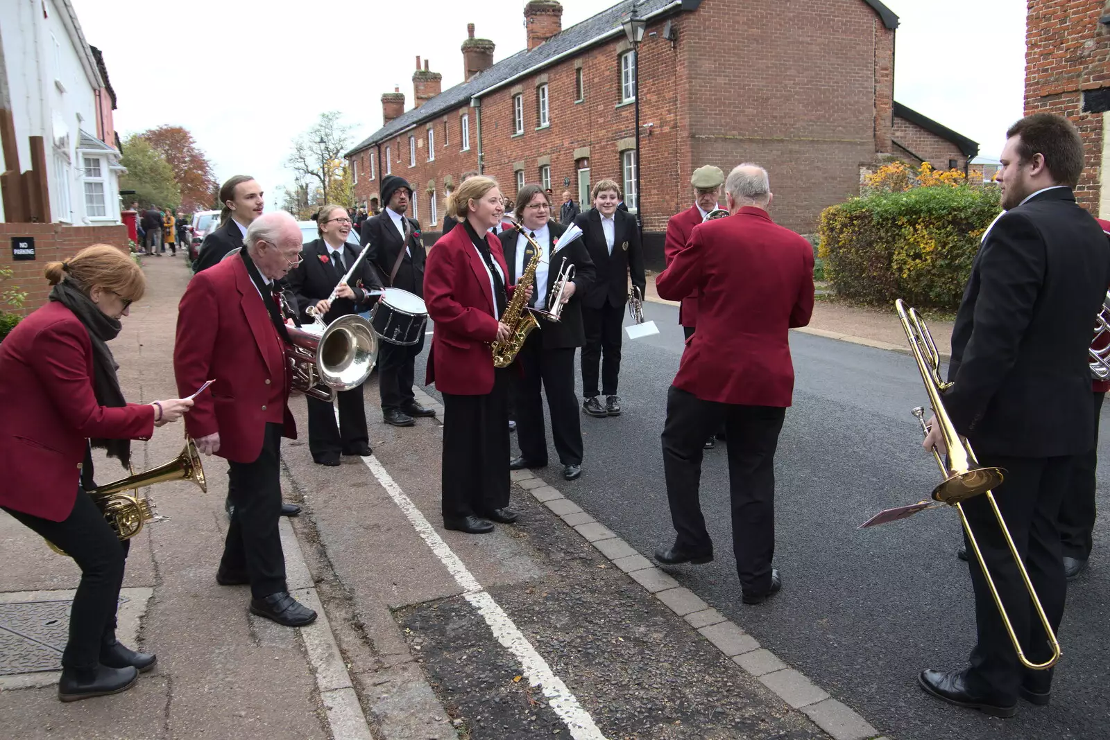 The band gathers at the top of the hill, from The GSB and Remembrance Day Parades, Eye and Botesdale, Suffolk - 14th November 2021