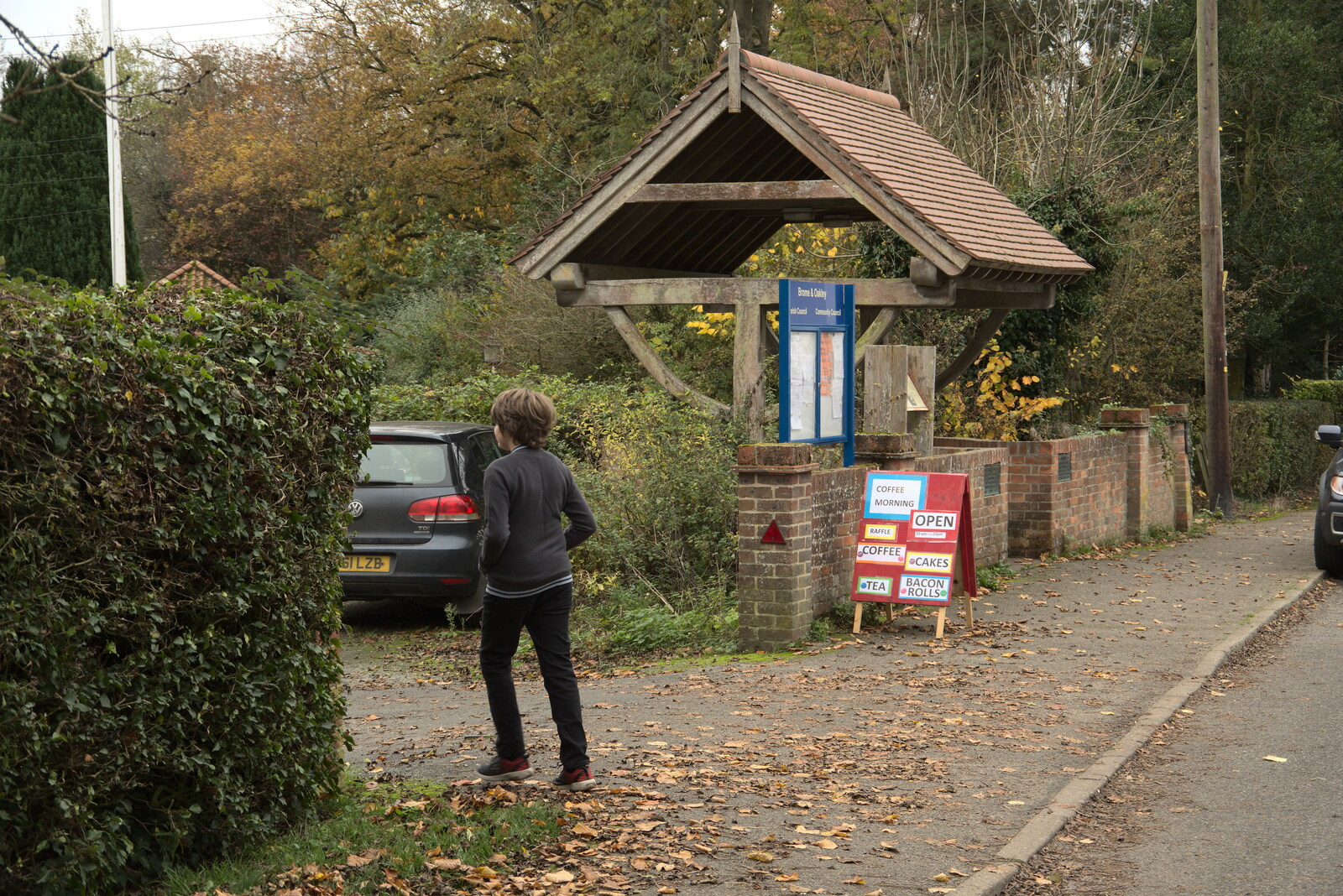 Fred heads back into the village hall from Norwich Lights and a Village Hall Jumble Sale, Brome, Suffolk - 20th November 2021