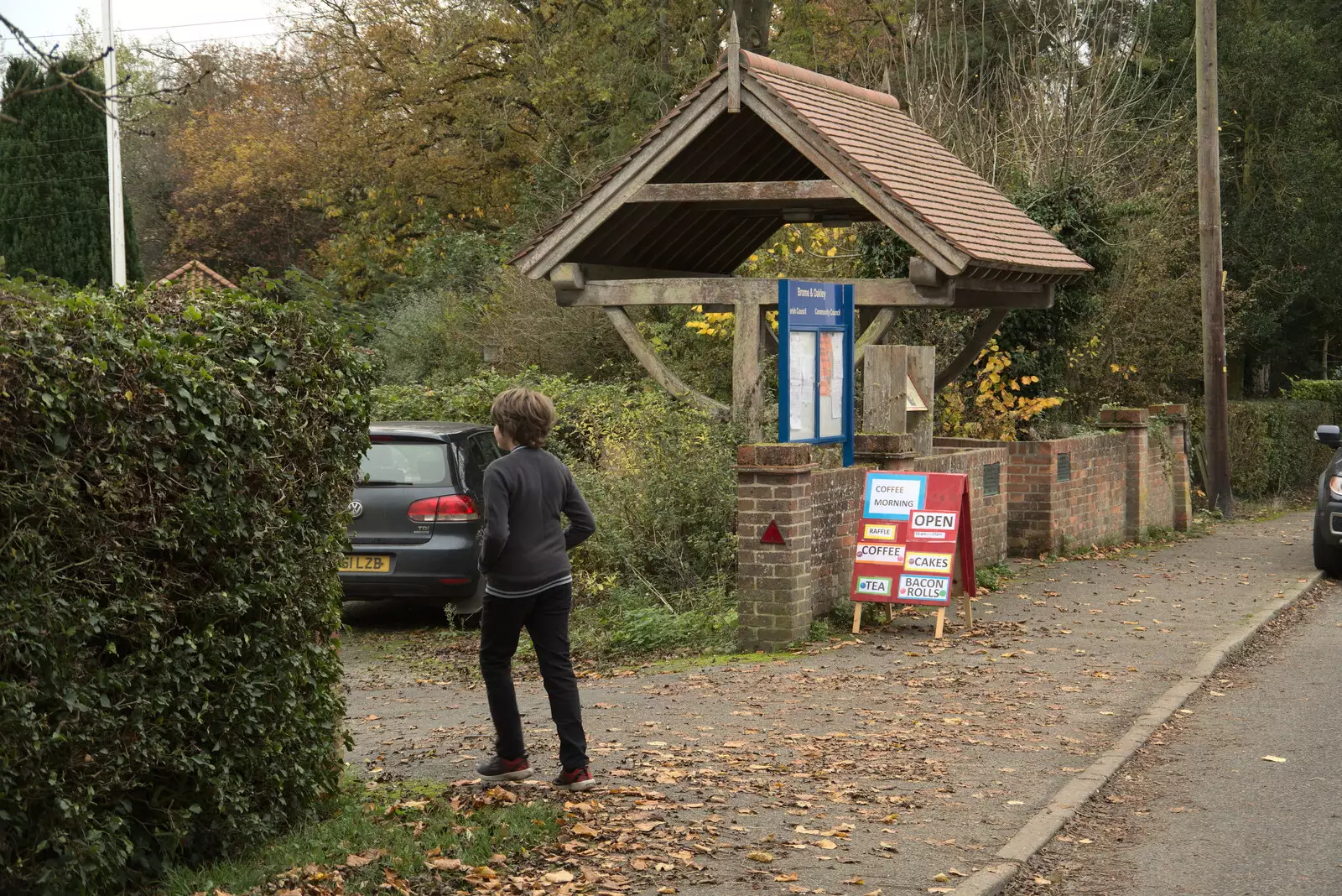 Fred heads back into the village hall, from Norwich Lights and a Village Hall Jumble Sale, Brome, Suffolk - 20th November 2021