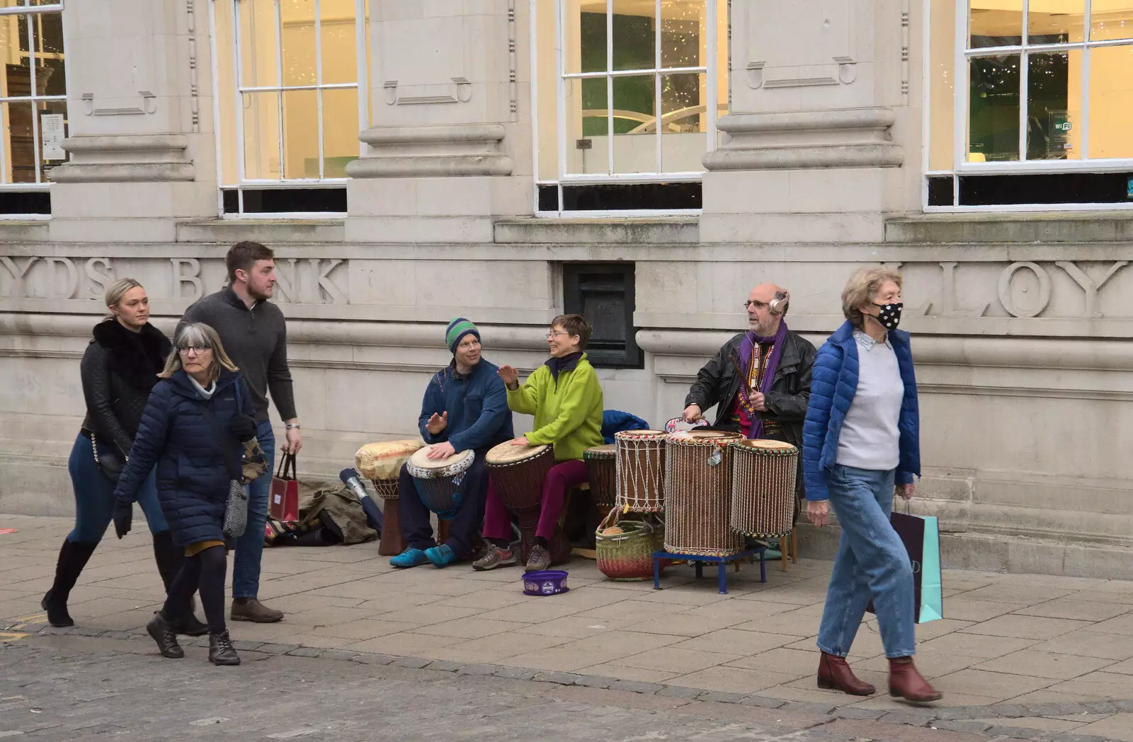 There's a drum group outside Lloyds Bank, from Norwich Lights and a Village Hall Jumble Sale, Brome, Suffolk - 20th November 2021