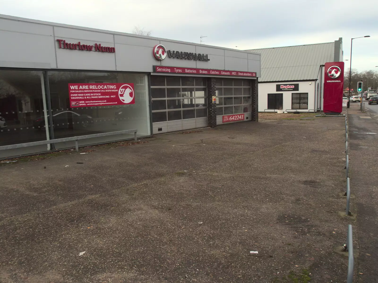 The closed-down Thurlow Nunn garage on Victoria Road, from Dove Players' Trouble in Pantoland, Eye Community Centre, Suffolk - 11th December 2021