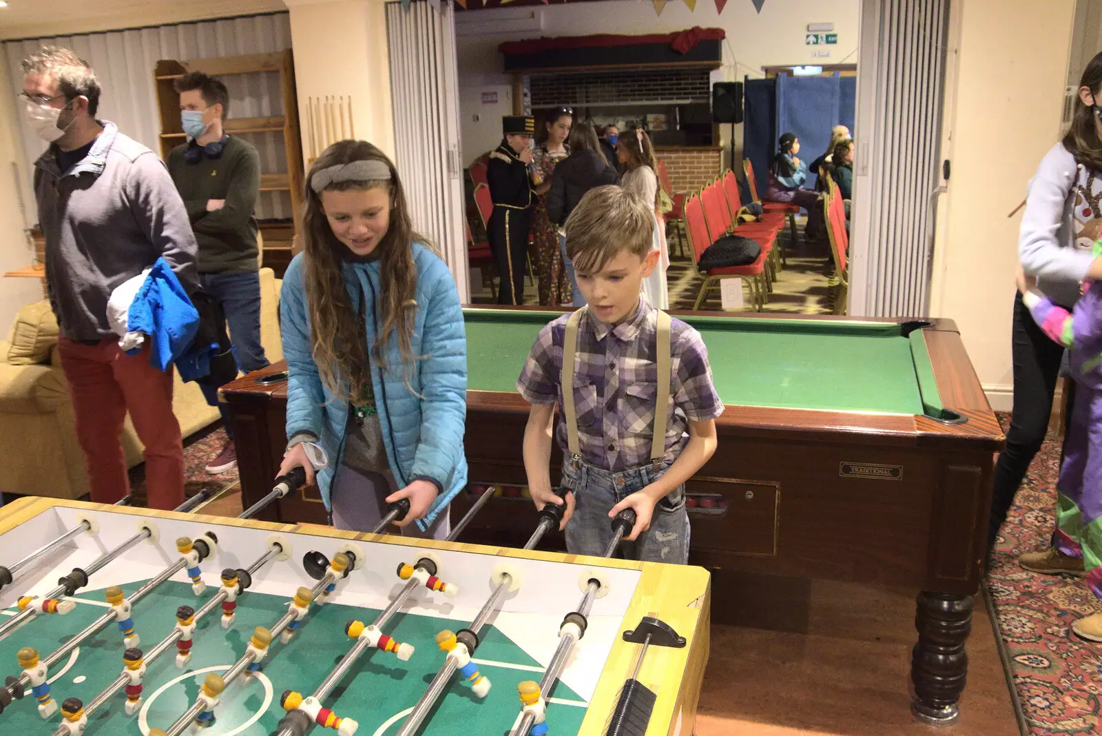 Harry plays table footie, from Dove Players' Trouble in Pantoland, Eye Community Centre, Suffolk - 11th December 2021