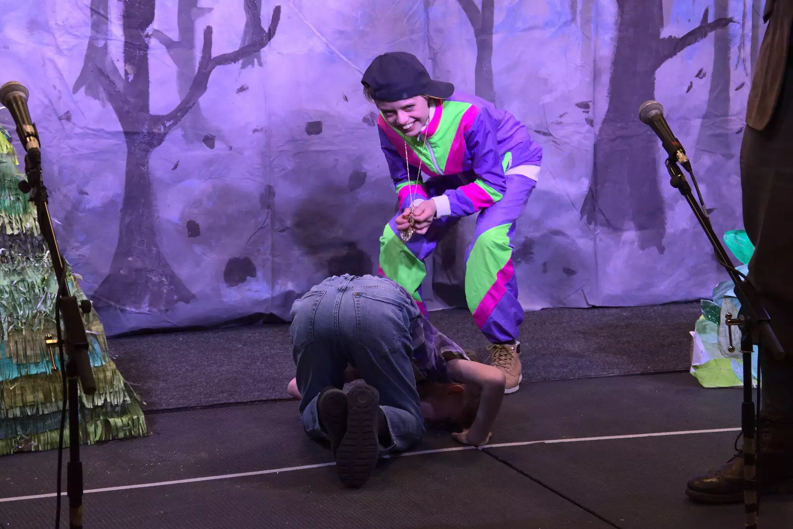 The coin-toss coin has fallen through the stage, from Dove Players' Trouble in Pantoland, Eye Community Centre, Suffolk - 11th December 2021