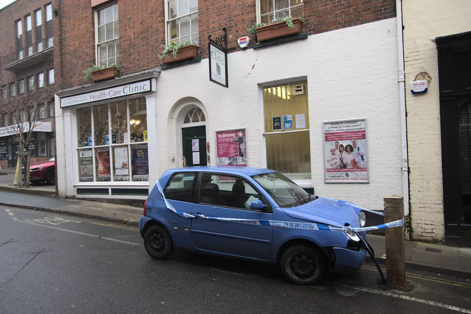 Some knob has twatted their car on a post, from Scooters and a Bit of Christmas Shopping, Eye and Norwich, Norfolk - 23rd December 2021