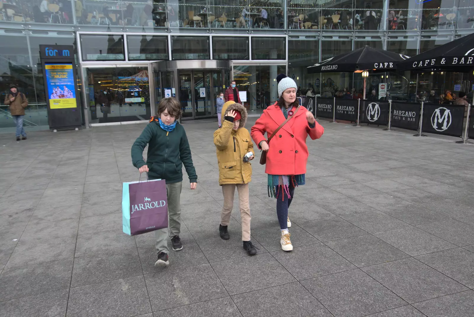 Fred, Harry and Isobel exit the Forum, from Scooters and a Bit of Christmas Shopping, Eye and Norwich, Norfolk - 23rd December 2021