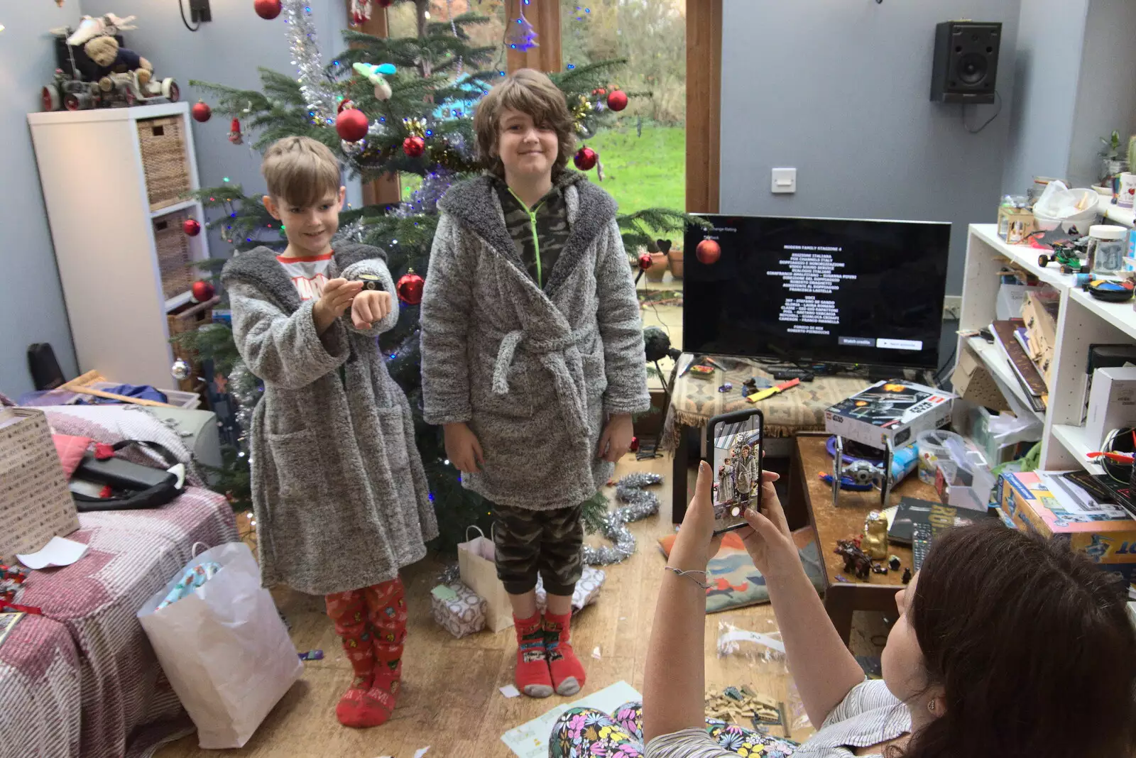 The boys pose for a photo, from Christmas Day at Home, Brome, Suffolk - 25th December 2021