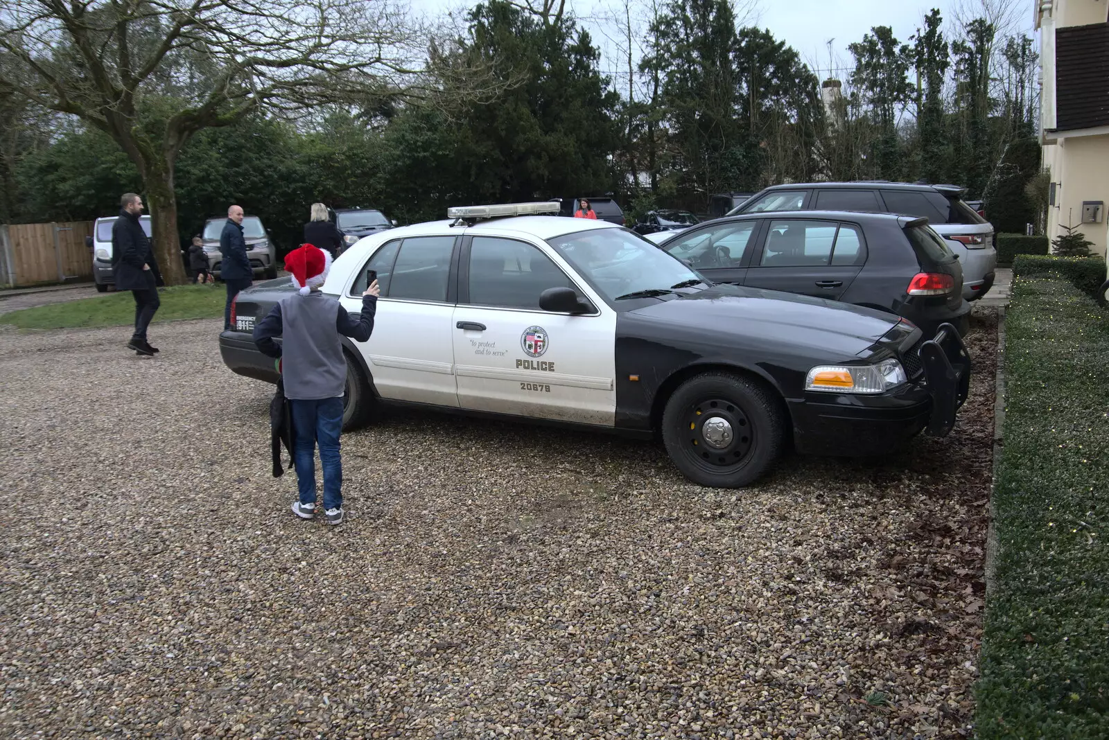 There's an American cop car in the car park, from Christmas Day at Home, Brome, Suffolk - 25th December 2021