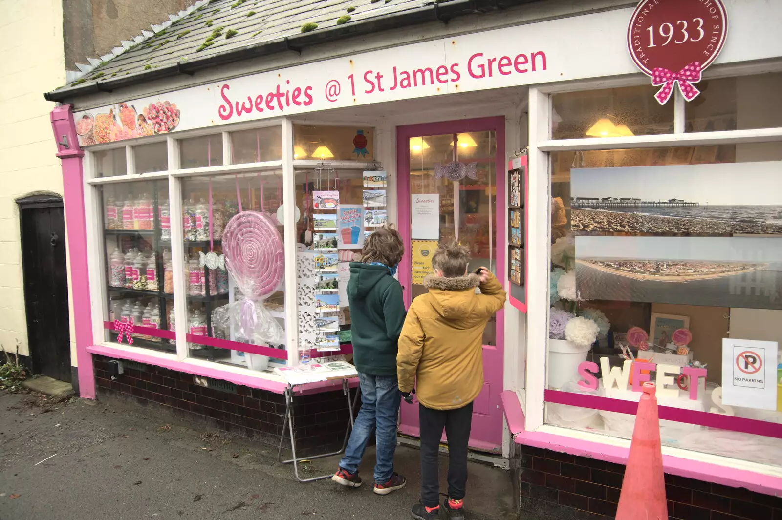 The boys head into Sweeties on St. James Green, from A Few Hours at the Seaside, Southwold, Suffolk - 27th December 2021