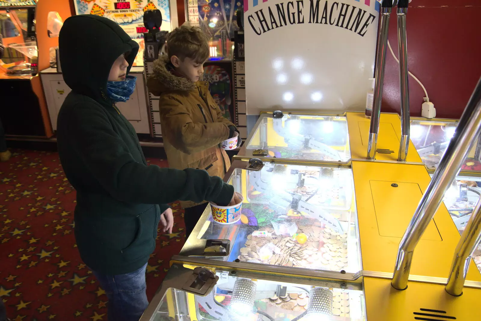 Fred and Harry do the 2p shoves, from A Few Hours at the Seaside, Southwold, Suffolk - 27th December 2021