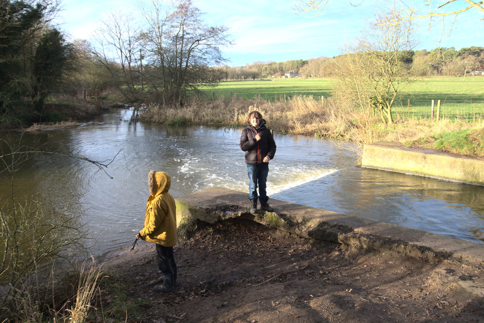 Harry and Fred hang around by the weir from A Walk Around Knettishall Heath, Thetford, Norfolk - 2nd January 2022