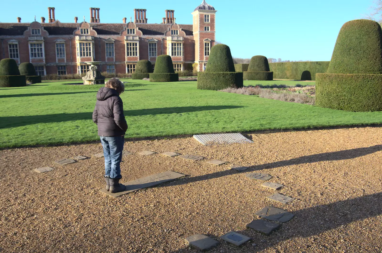 Fred becomes the gnomon in a human sundial, from A Visit to Blickling Hall, Aylsham, Norfolk - 9th January 2022