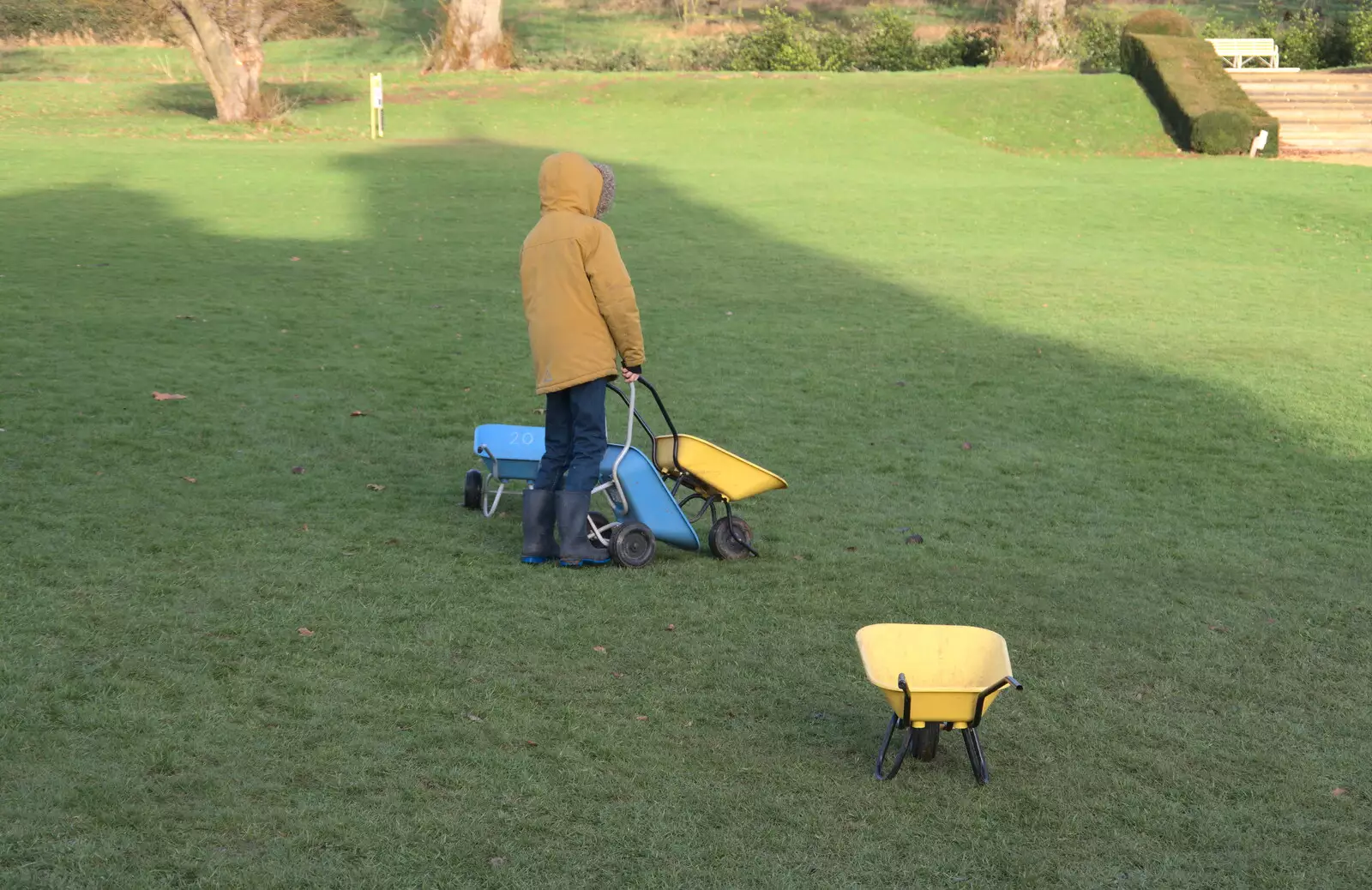 Harry collects small wheelbarrows, from A Visit to Blickling Hall, Aylsham, Norfolk - 9th January 2022