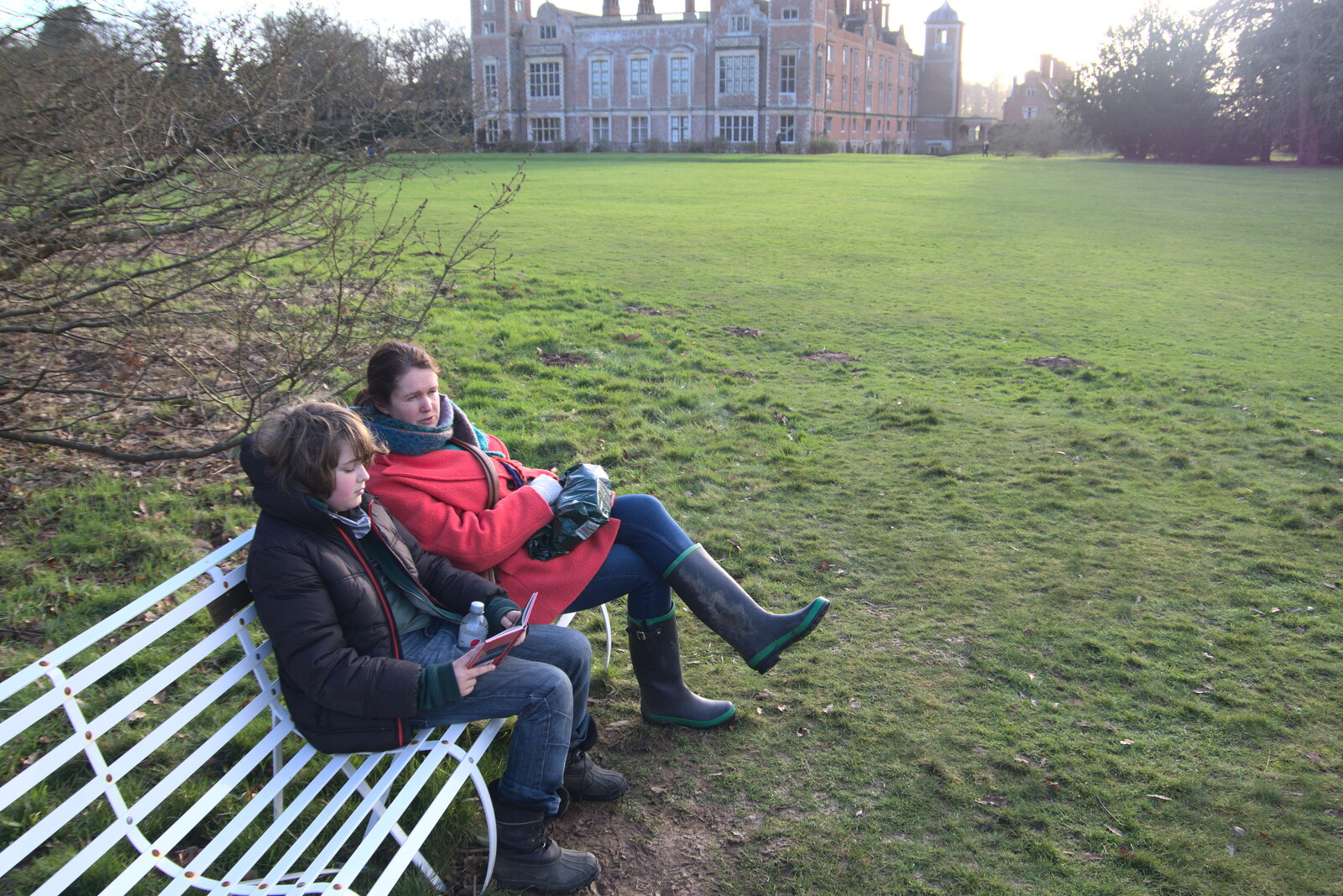 Fred and Isobel on the bench from A Visit to Blickling Hall, Aylsham, Norfolk - 9th January 2022