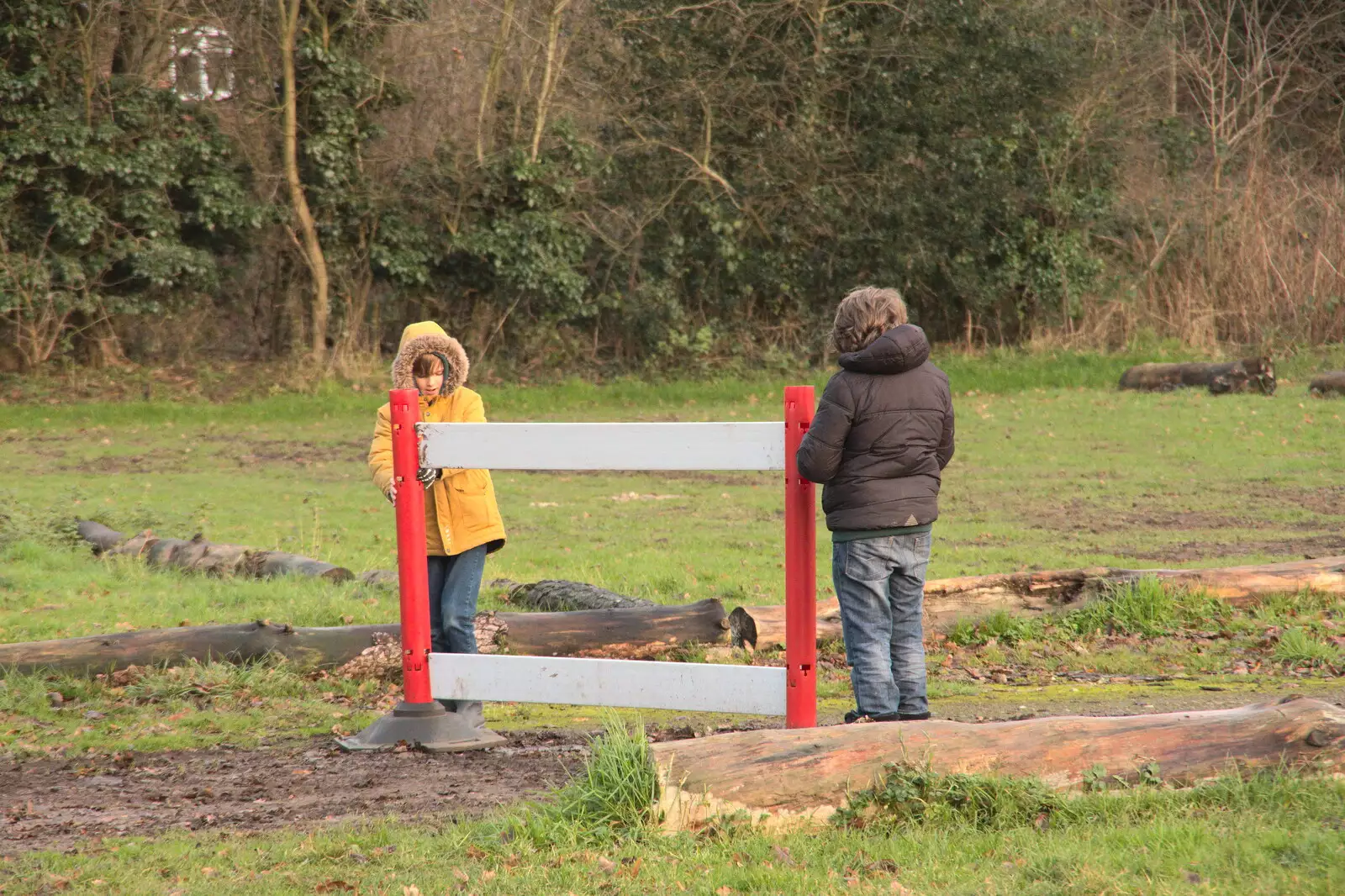 The boys move a barrier so we can get out, from A Visit to Blickling Hall, Aylsham, Norfolk - 9th January 2022