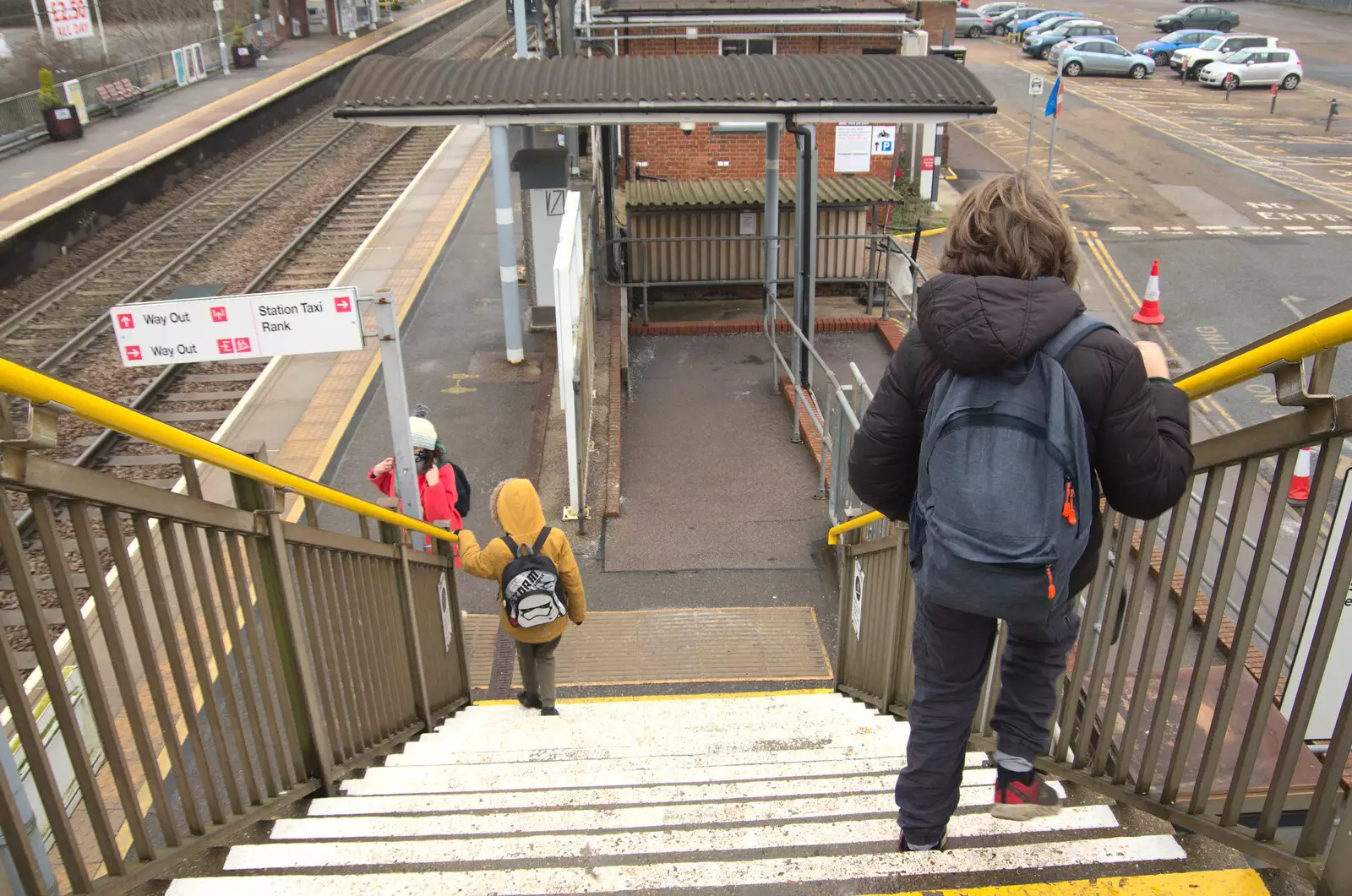 The boys on the railway footbridge, from A Trip to the Natural History Museum, Kensington, London - 15th January 2022