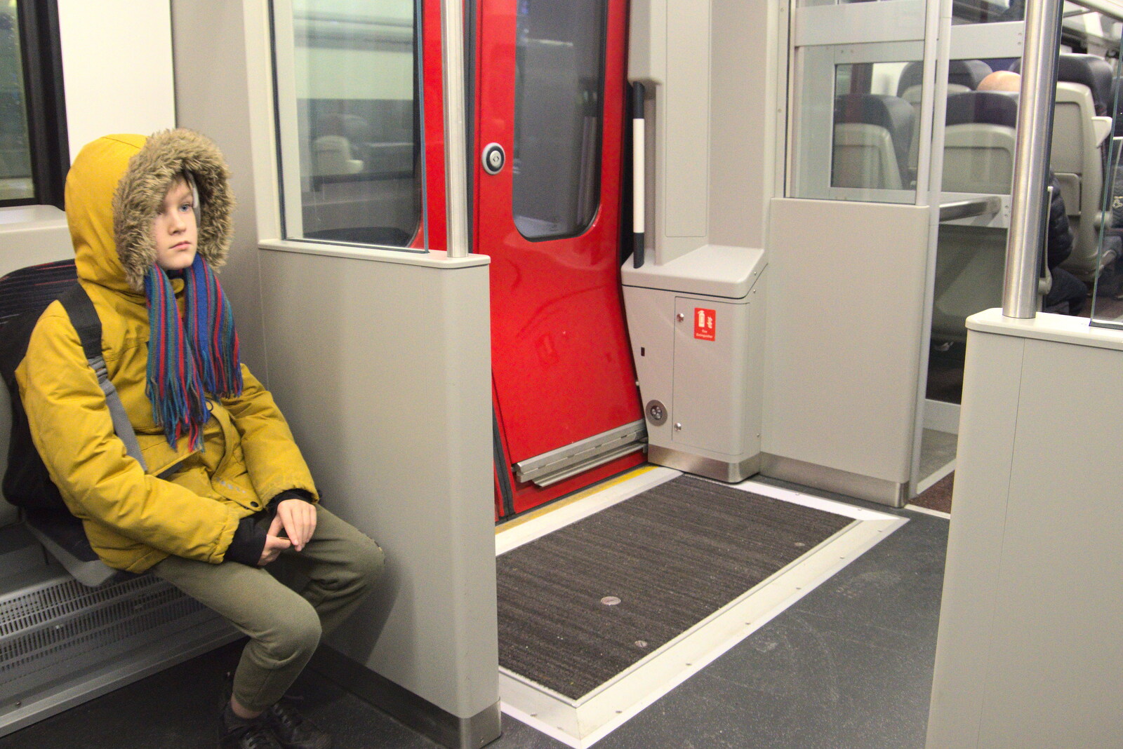 Harry sits by the train door from A Trip to the Natural History Museum, Kensington, London - 15th January 2022