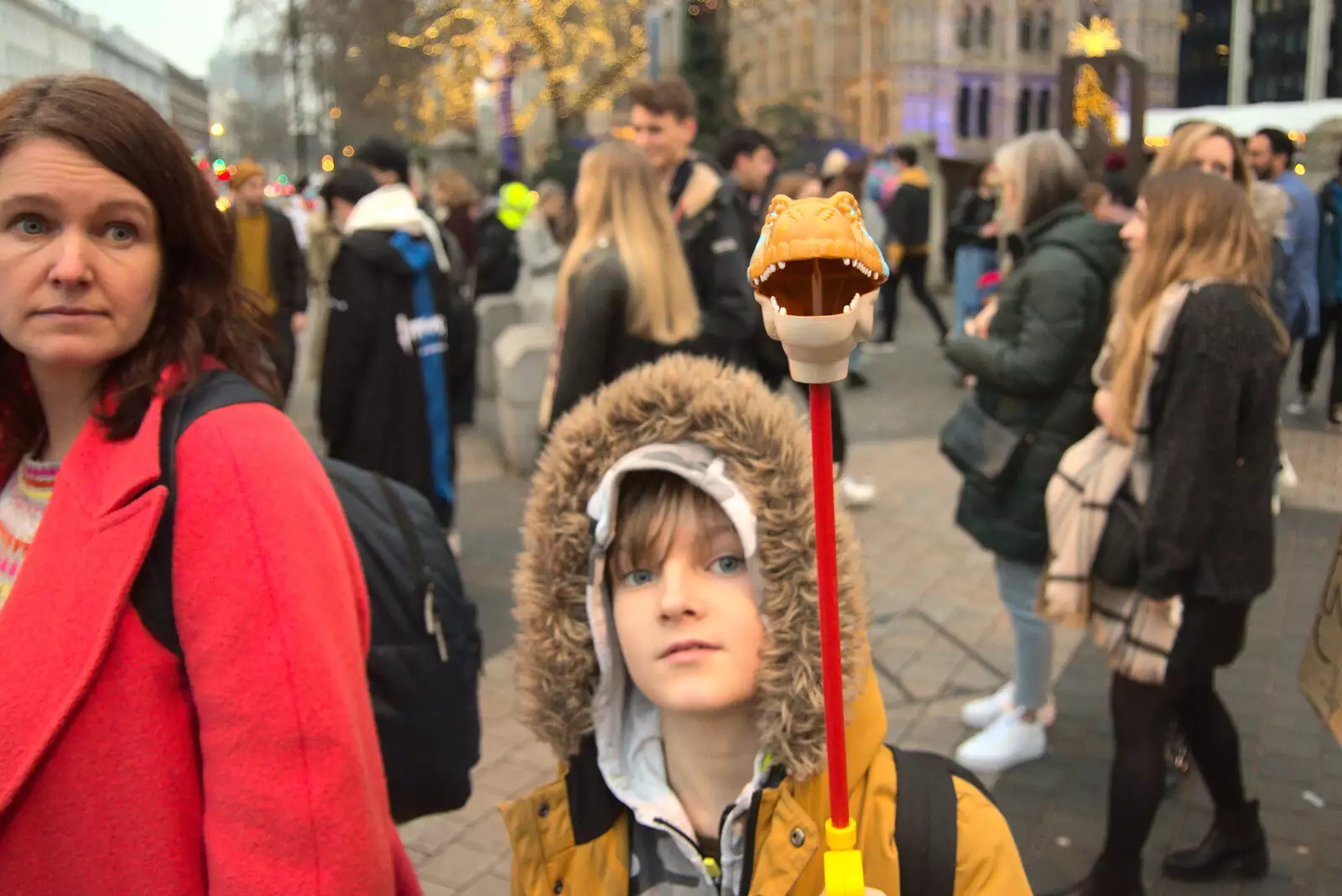 Harry's got a dinosaur head on a stick, from A Trip to the Natural History Museum, Kensington, London - 15th January 2022