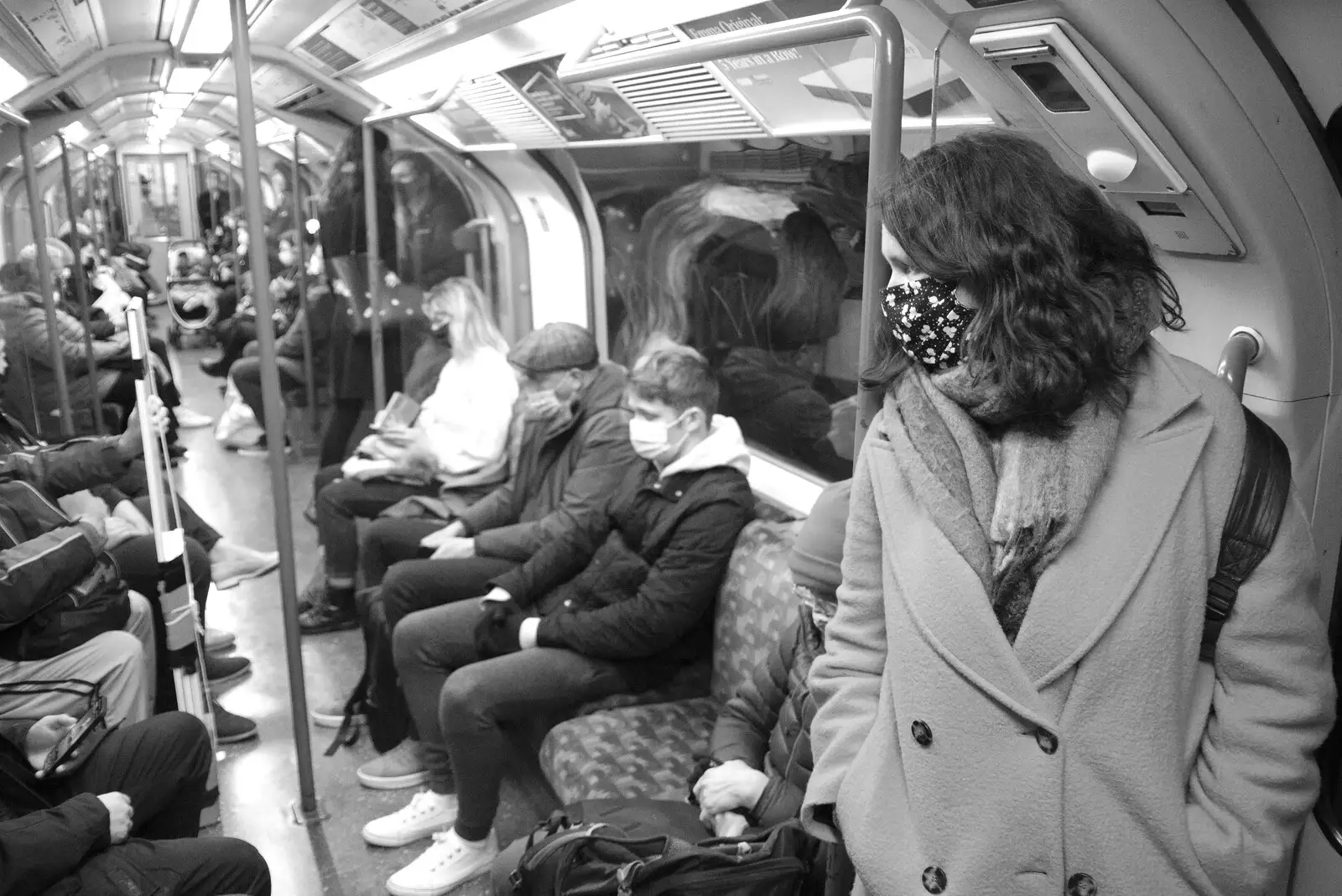 Isobel on the tube train, from A Trip to the Natural History Museum, Kensington, London - 15th January 2022