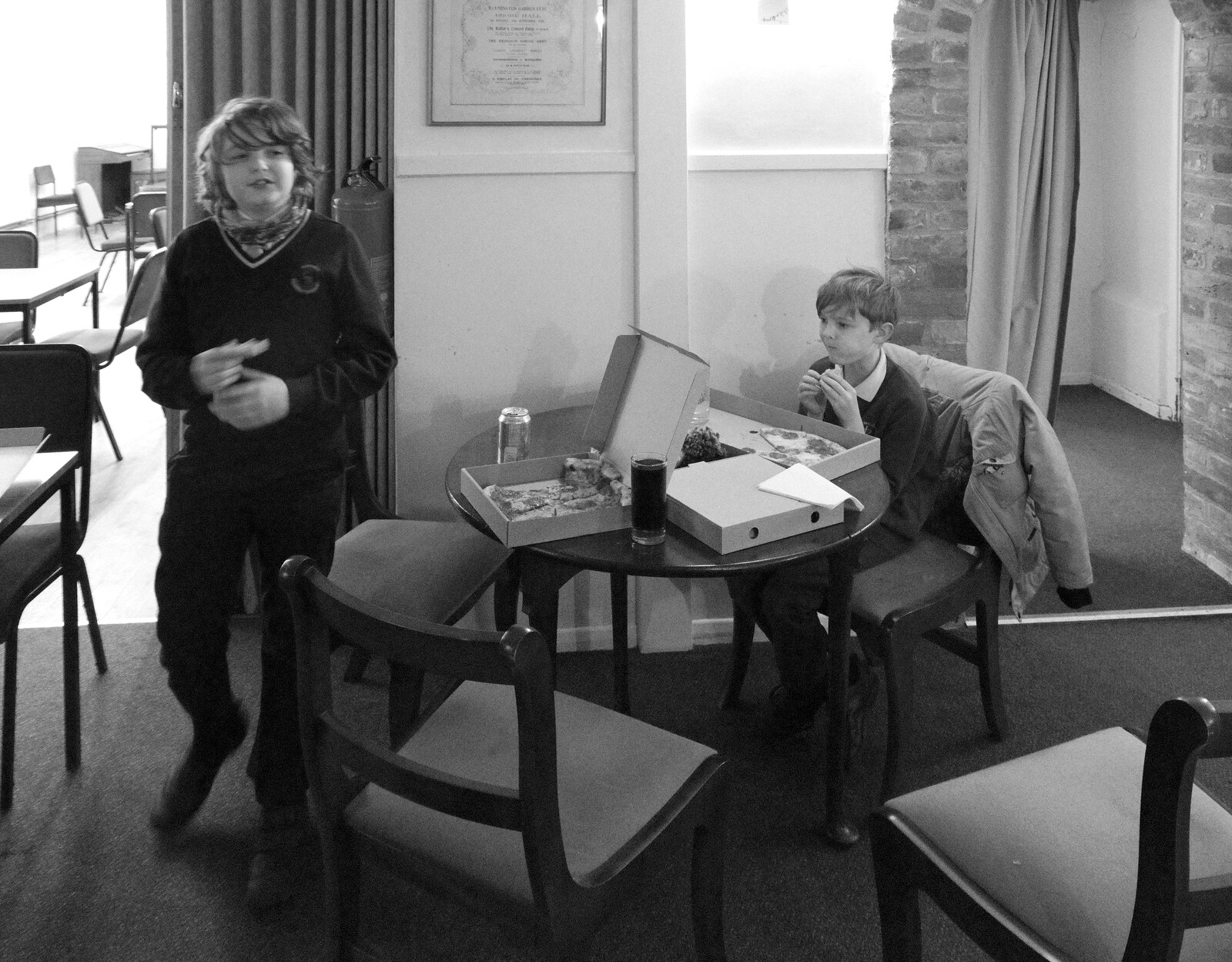 Fred and Harry scoff pizza from Supercharged Electrons and Pizza at the Village Hall, Brome, Suffolk - 23rd January 2022