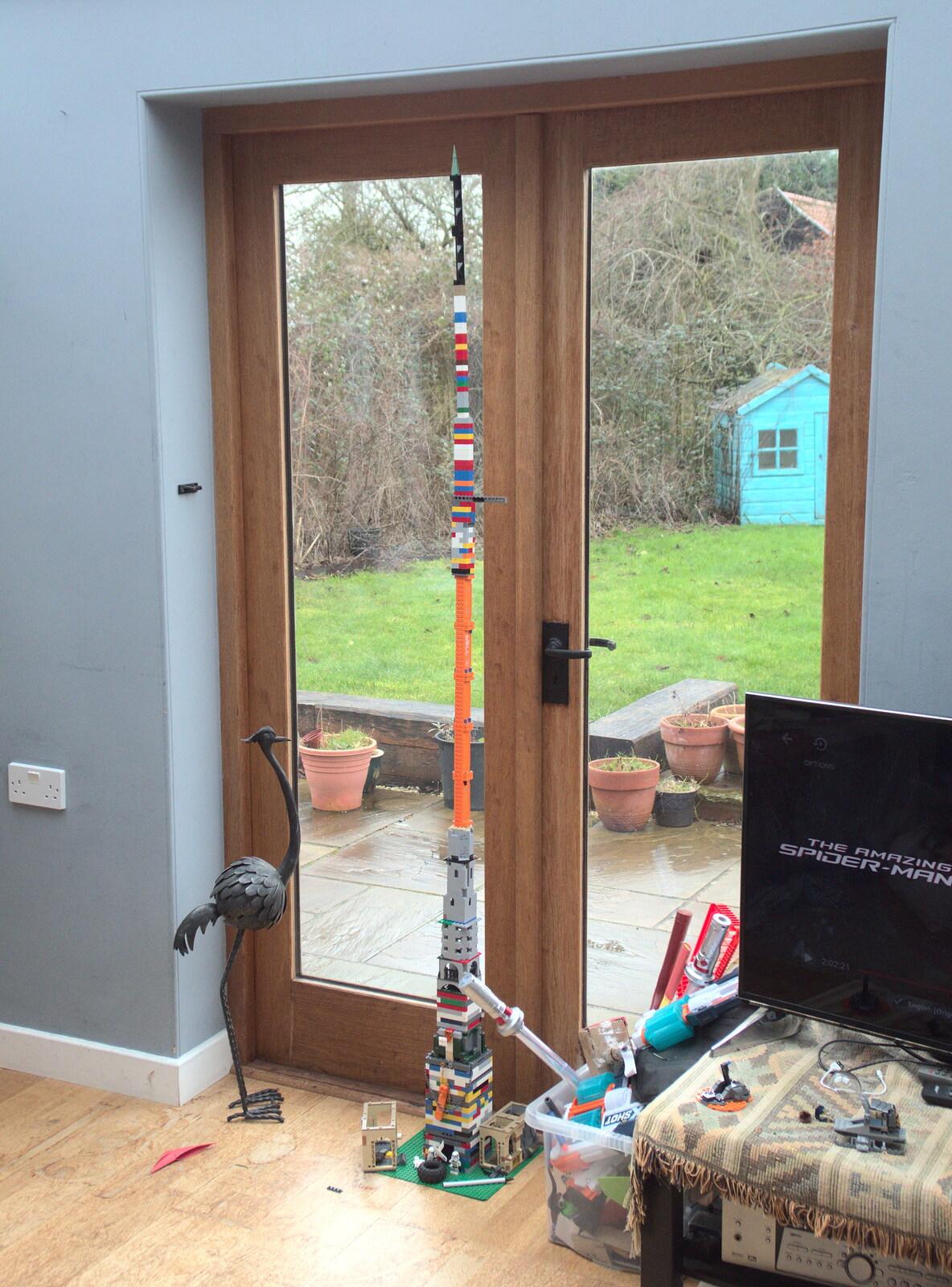 Fred has built a very tall tower out of Lego from The Lost Pubs of Norwich, Norfolk - 13th February 2022