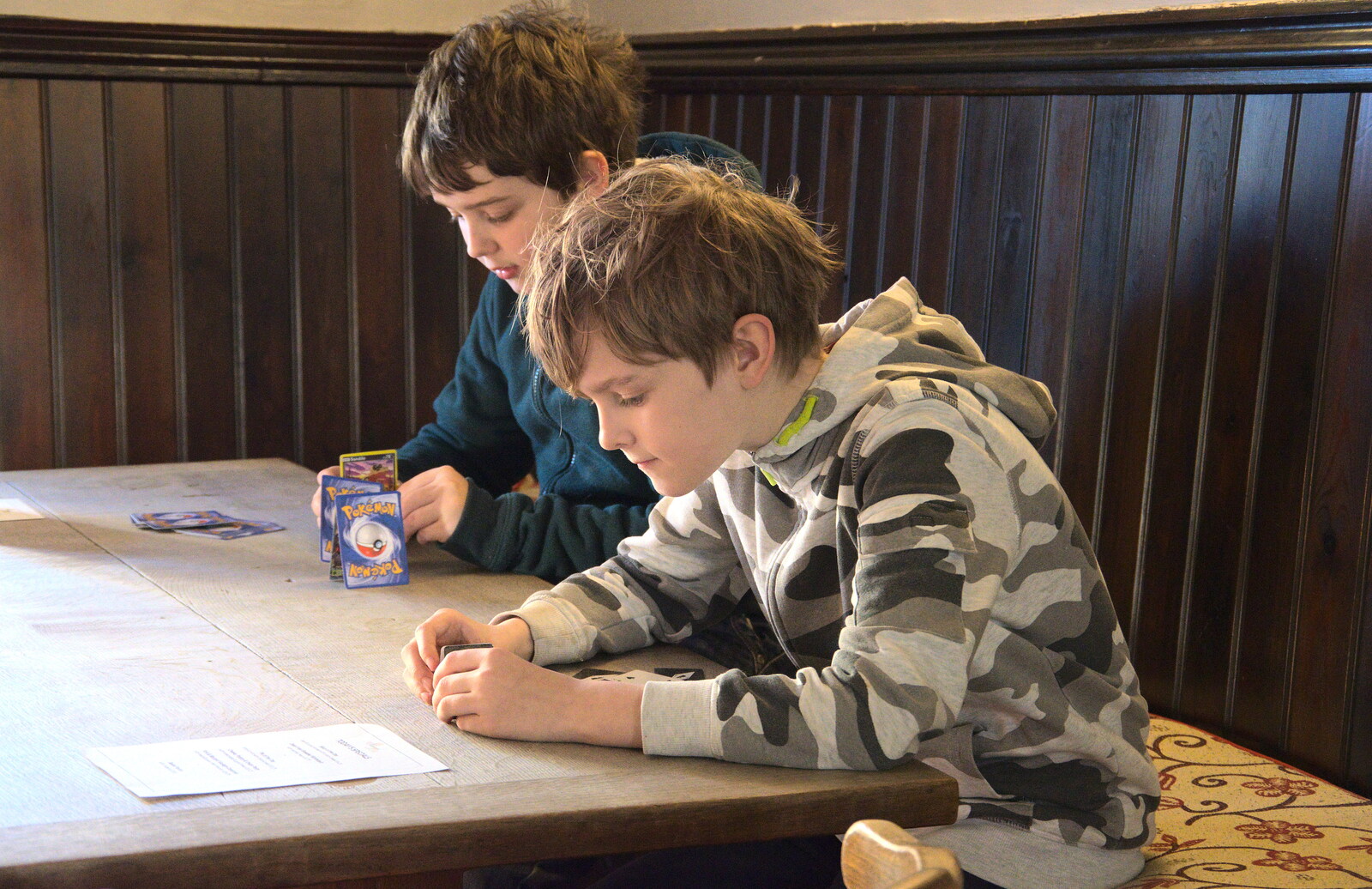 The boys concentrate on card-house building from A Trip to Orford Castle, Orford, Suffolk - 26th February 2022
