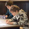 The boys concentrate on card-house building, A Trip to Orford Castle, Orford, Suffolk - 26th February 2022