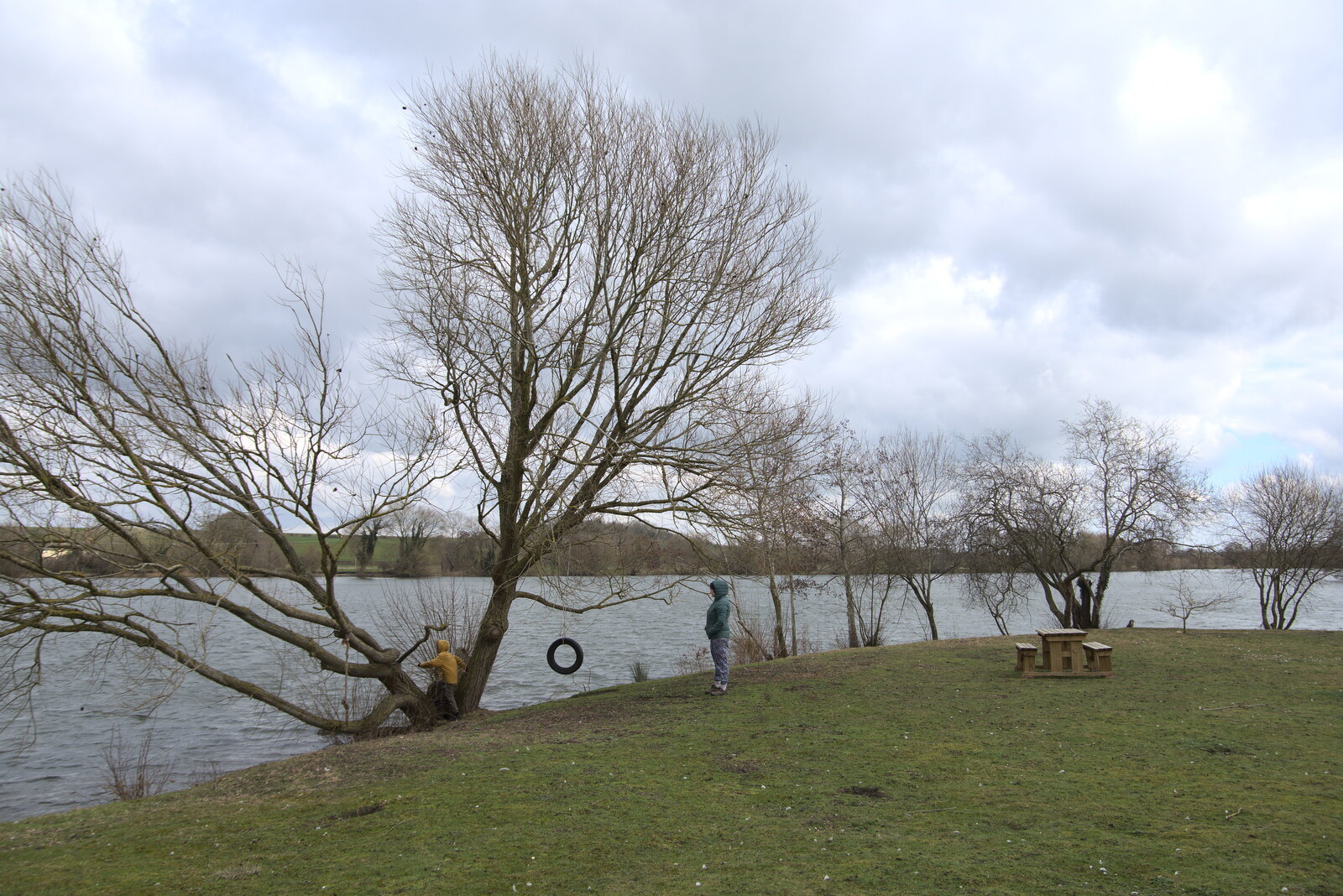 The boys by the lake from Weybread Pits and a Sunday Walk, Brome, Suffolk - 6th March 2022