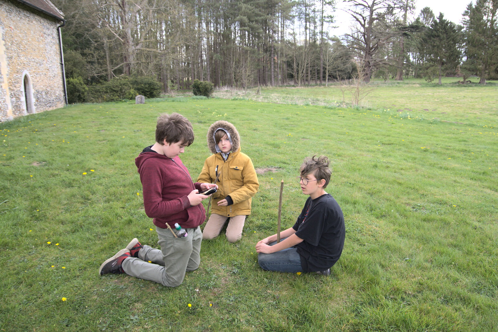 A Camper-Van Trip, West Harling, Norfolk - 13th April 2022: Fred, Harry and Elliot hang around