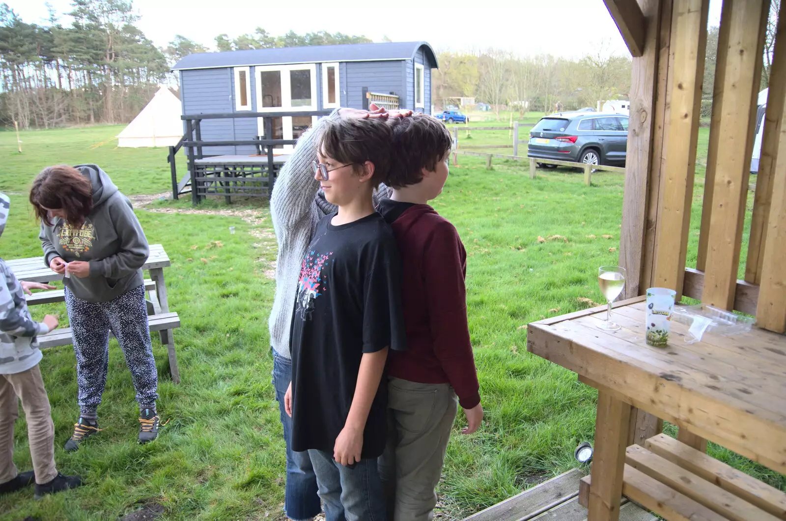 Elliot and Fred compare heights, from A Camper-Van Trip, West Harling, Norfolk - 13th April 2022