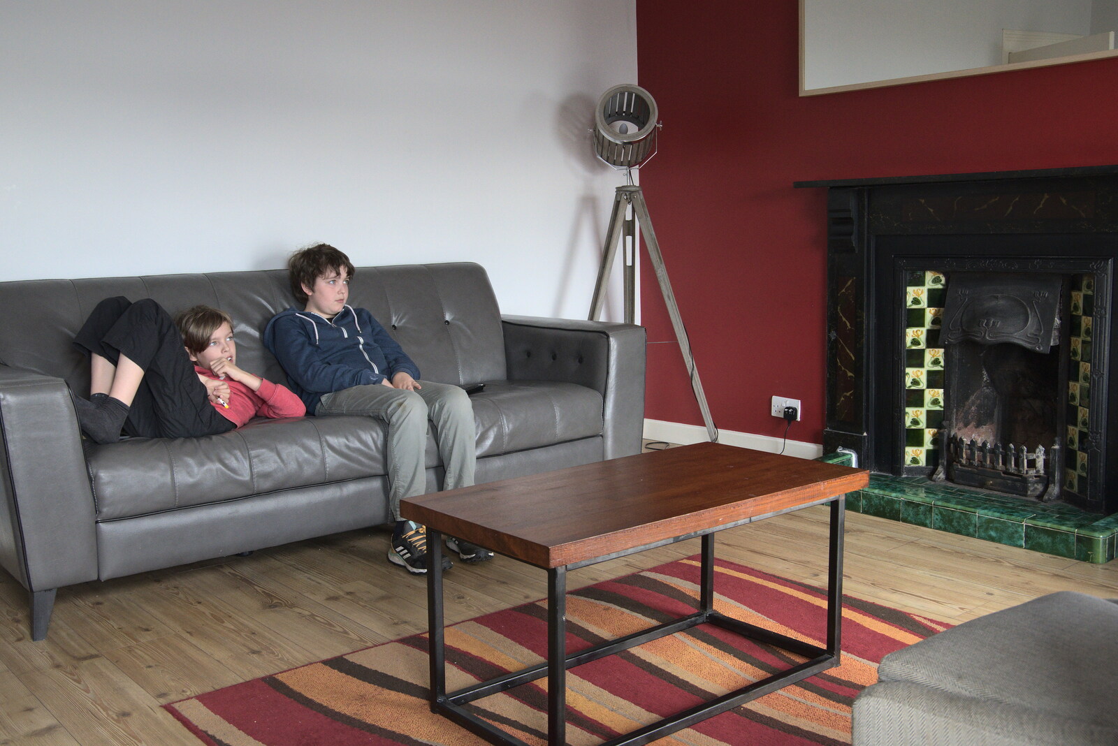 Greencastle, Doagh and Malin Head, County Donegal, Ireland - 19th April 2022: The boys watch some normal telly for a change