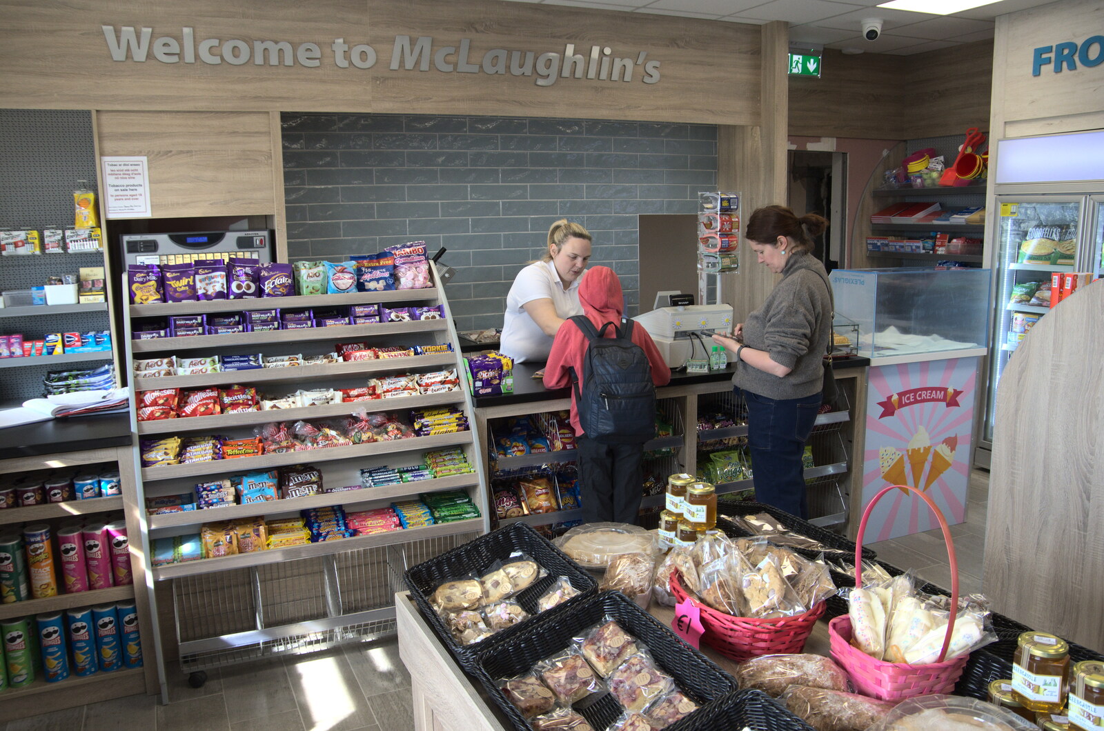 Greencastle, Doagh and Malin Head, County Donegal, Ireland - 19th April 2022: Isobel gets some supplies in Mclaughlin's