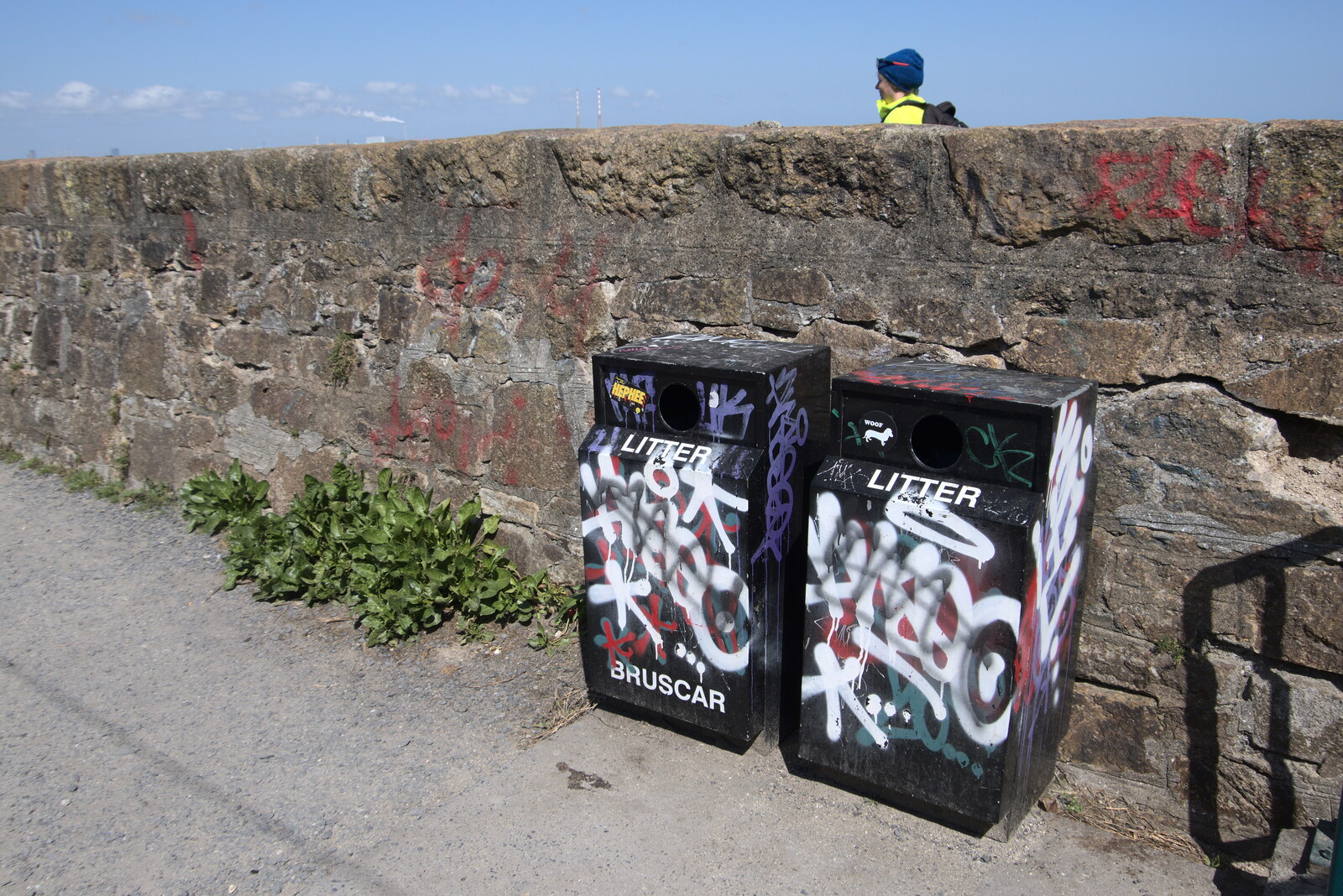 Blackrock North and South, Louth and County Dublin, Ireland - 23rd April 2022: Heavily tagged litter bins