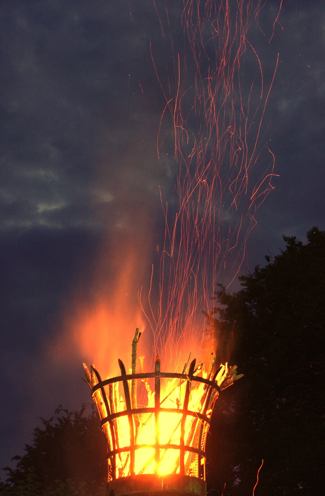 Sparks fly out of the beacon from The Lighting of the Jubilee Beacon, Eye, Suffolk - 2nd June 2022