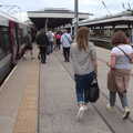 Isobel strides along the platform at Norwich, The Killers at Carrow Road, Norwich, Norfolk - 9th June 2022