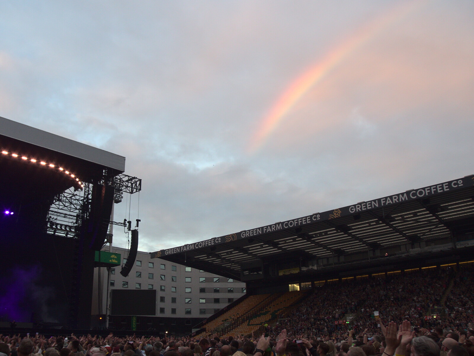 The Killers at Carrow Road, Norwich, Norfolk - 9th June 2022: A rainbow briefly appears over the stadium