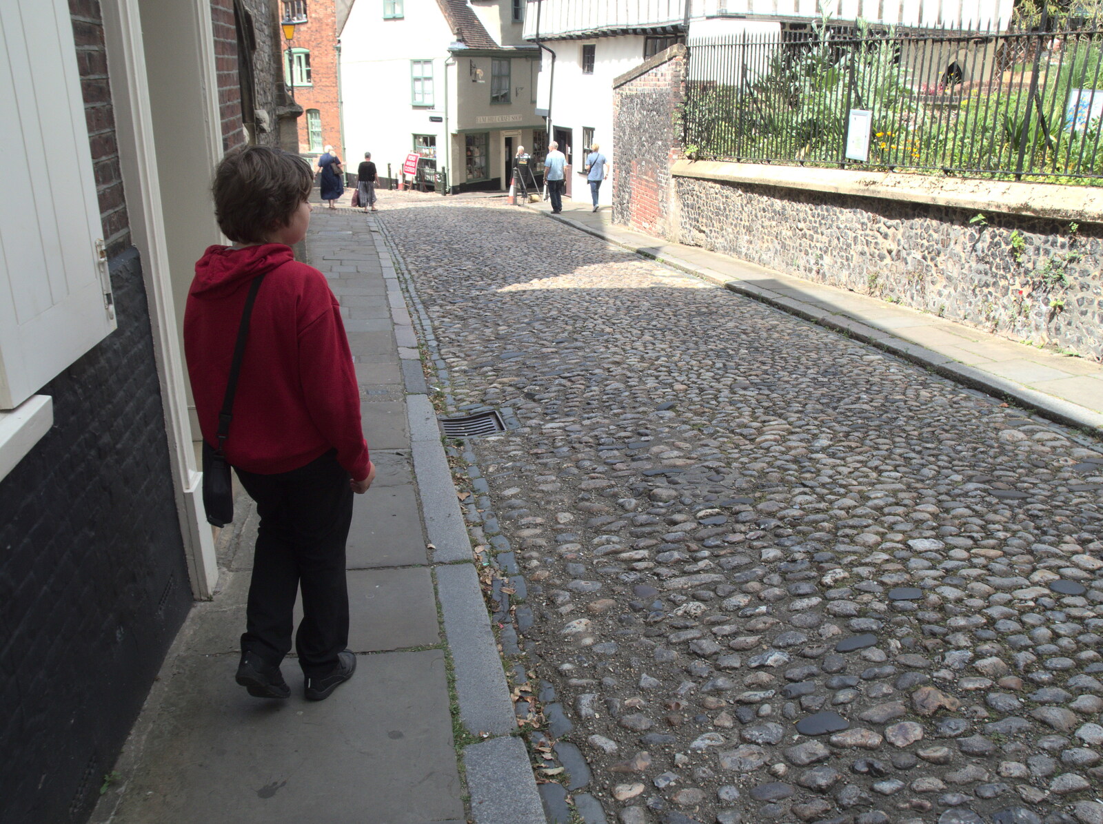 Fred's Flute Exam and Sean and Hannah Visit, Norwich and Brome, Suffolk - 18th June 2022: Fred walks down Elm Hill