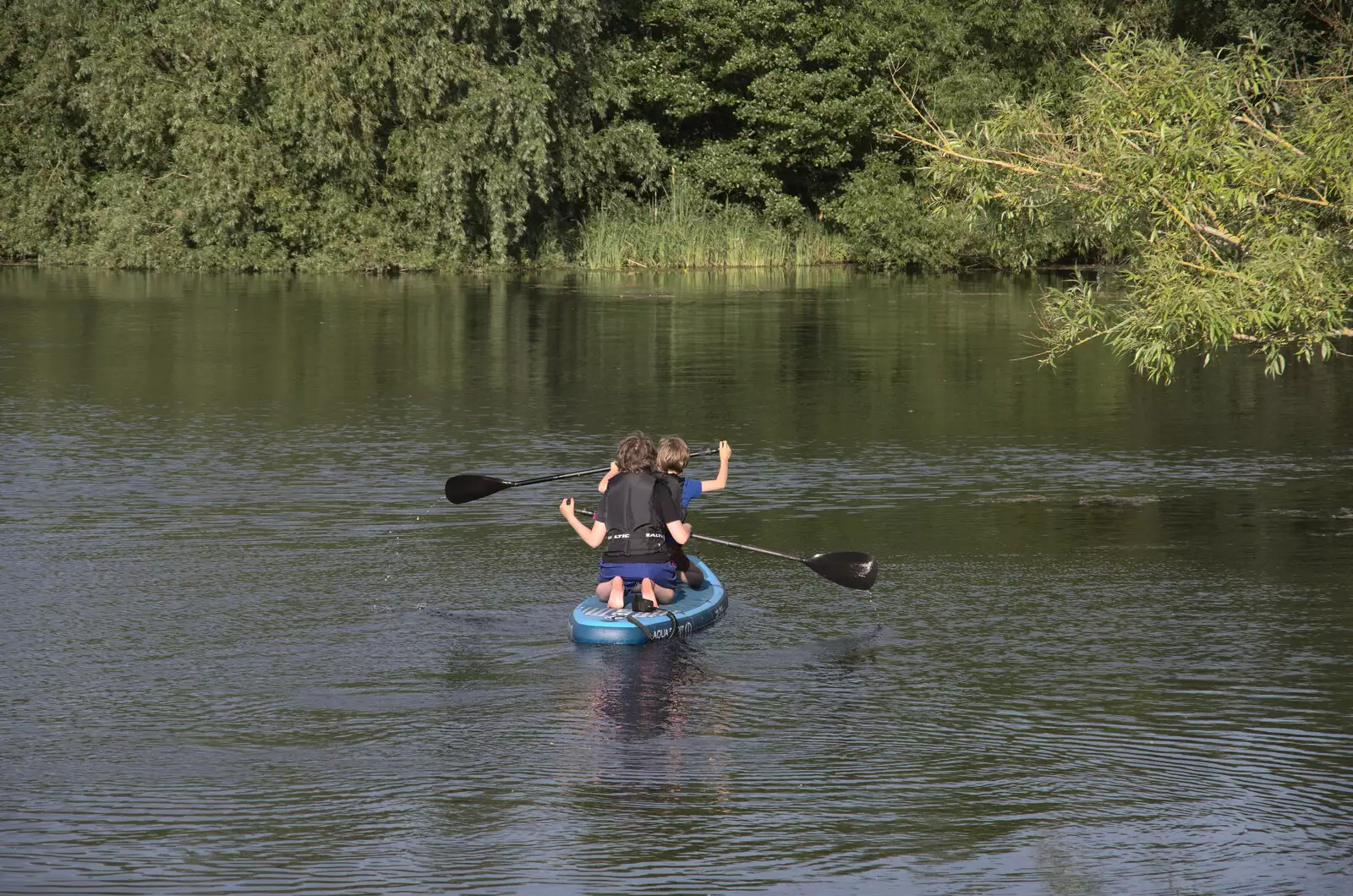 Fred and Harry get a go on a paddle board, from Camping at the Lake, Weybread, Harleston - 25th June 2022