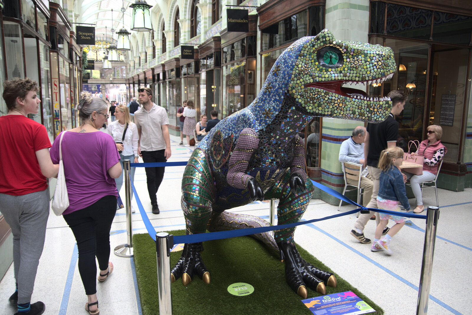 There's a spangly dinosaur in Royal Arcade from The Lord Mayor's Procession, Norwich, Norfolk - 2nd July 2022