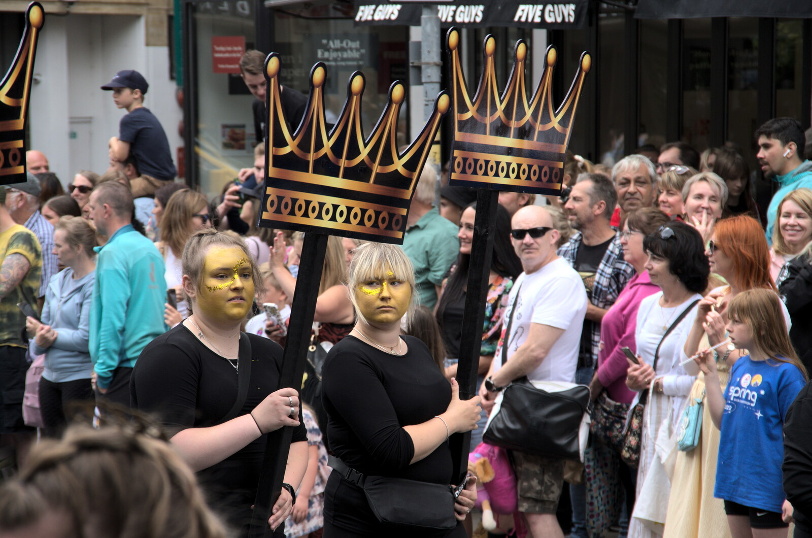 Gold faces and crowns from The Lord Mayor's Procession, Norwich, Norfolk - 2nd July 2022