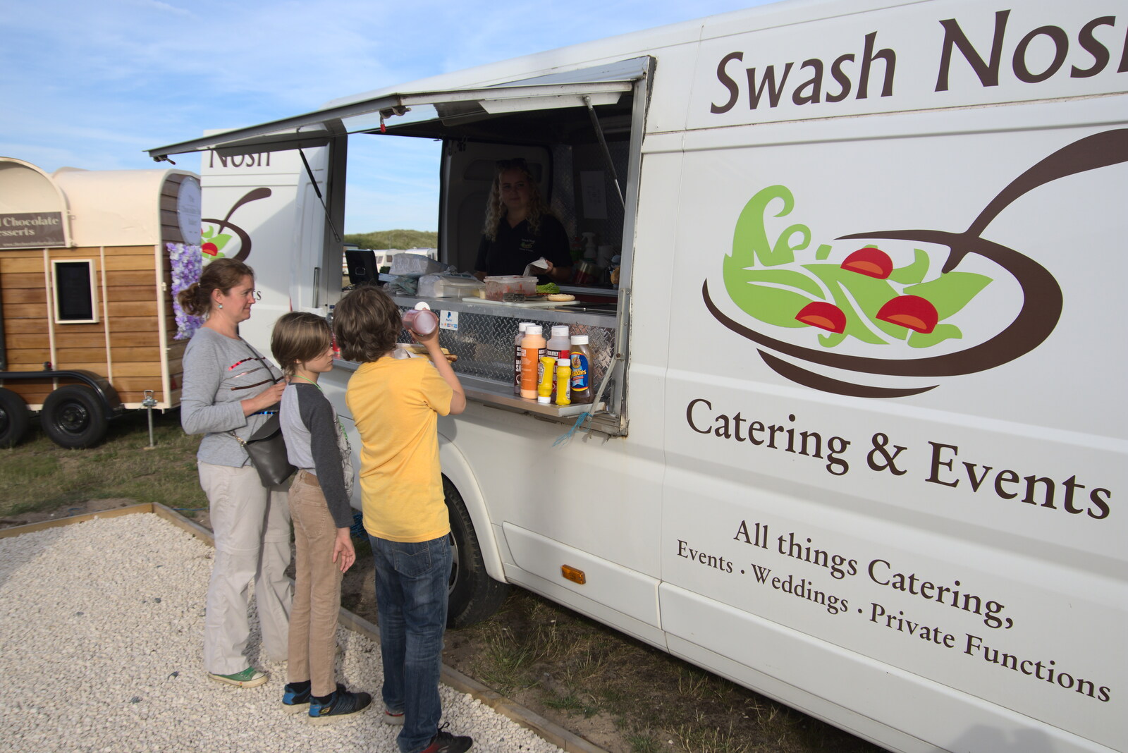The boys get hotdogs from the Swash Nosh van from Camping in the Dunes, Waxham Sands, Norfolk - 9th July 2022