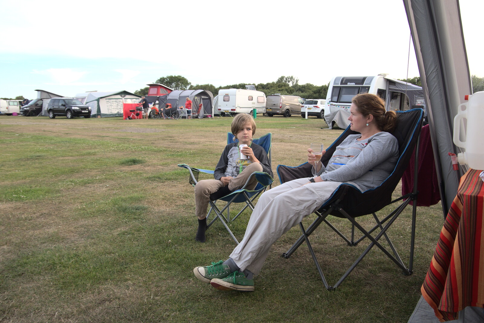 Harry and Isobel hang out by the van from Camping in the Dunes, Waxham Sands, Norfolk - 9th July 2022